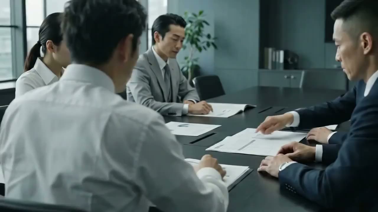 オフィスの会議室で資料を囲んで打ち合わせをするビジネスチーム